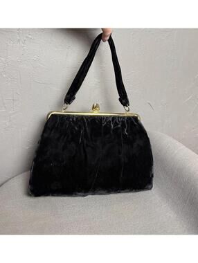 1950s Black Velvet Top Handle Bag, Gold Kiss Lock from DOVER U.S.A.